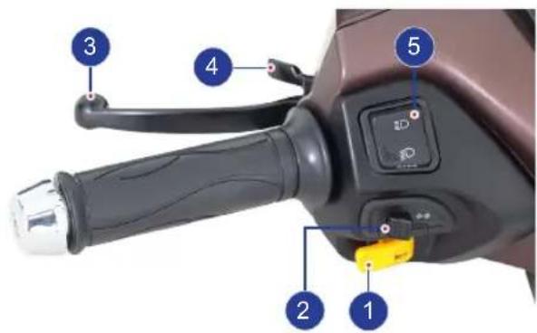 Labeled diagram of a motorcycle grip and lever mechanism with numbered parts for identification