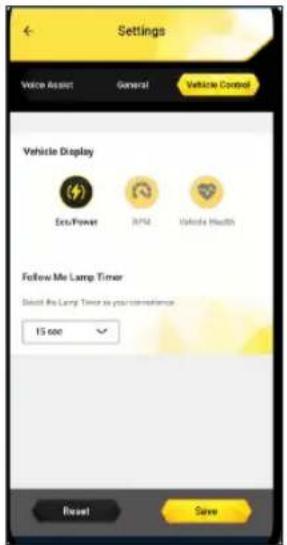 Settings Voice Asset General Vehicle Control Vehicle Display Exo-Power RPM Vehicle Health Follow Me Lamp Timer Select the Lamp Timer to your connection 15000 Reset Save