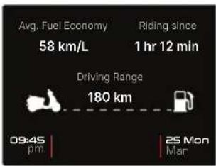 Avg. Fuel Economy 58 km/L Riding since 1 hr 12 min Driving Range 180 km 09:45 pm 25 Mon Mar