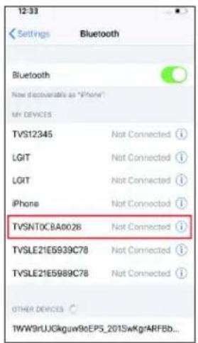 12:33 Settings Bluetooth Bluetooth Now discoverable as "iPhone" MY DEVICES TVS12345 Not Connected ⓘ LGIT Not Connected ⓘ LGIT Not Connected ⓘ iPhone Not Connected ⓘ TVSNT0CBA0028 Not Connected ⓘ TVSLE21E5939C78 Not Connected ⓘ TVSLE21E5989C78 Not Connected ⓘ OTHER DEVICES TWW9rUJGkguw9oEPS_201SwKgARF8b...