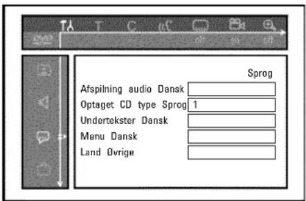 Afspilning audio Dansk Optaget CD type Sprog 1 Undertekster Dansk Menu Dansk Land ∅vrige Sprog