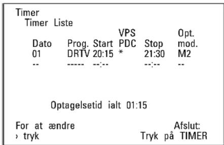Timer Timer Liste Dato Prog. Start VPS Stop Opt. 01 DRTV 20:15 * 21:30 mod. -- ----- ---;-- ---;-- -- M2 Optagelsetid ialt 01:15 For at ændre Afslut: , tryk Tryk på TIMER