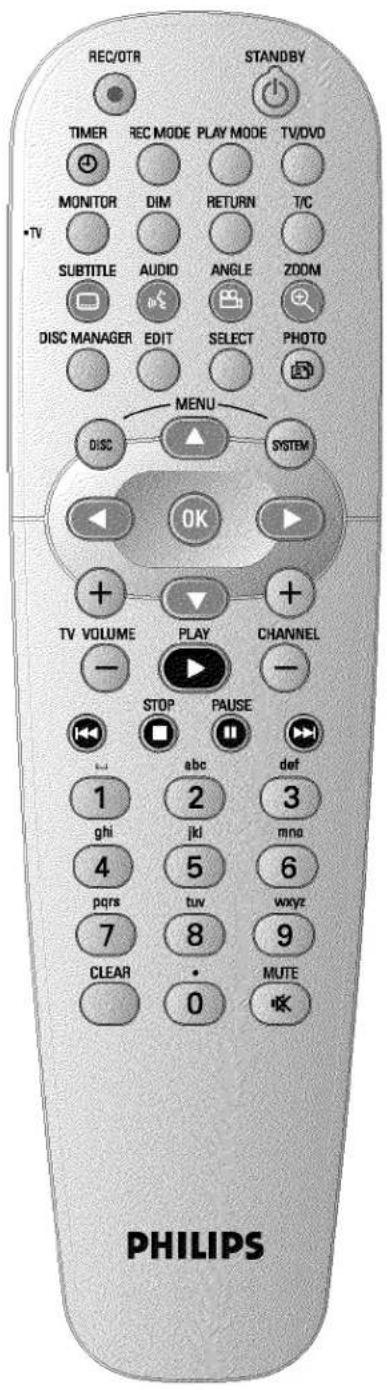 REC/OTR STANDBY TIMER REC MODE PLAY MODE TV/DVD MONITOR DIM RETURN T/C •TV SUBTITLE AUDIO ANGLE ZOOM DISC MANAGER EDIT SELECT PHOTO MENU DISC SYSTEM OK + + TV VOLUME PLAY CHANNEL - STOP PAUSE def 1 abc 2 3 ghi jkl mno 4 5 6 pqrs tuv wxyz 7 8 9 CLEAR MUTE 0 PHILIPS