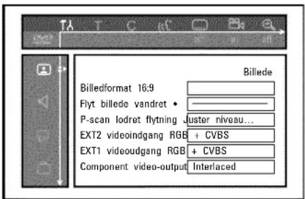 Billedformat 16:9 Flyt billede vandret • P-scan lodret flytning Juster niveau... EXT2 videoindgang RGB + CVBS EXT1 videoudgang RGB + CVBS Component video-output Interlaced