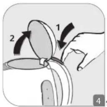 Diagram showing a hand holding a magnifying glass with labeled parts 1 and 2, likely illustrating a procedure or step in a mechanical or medical context.