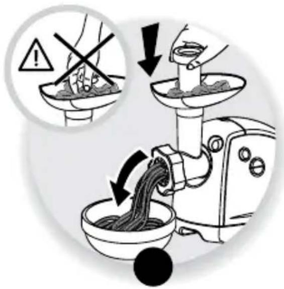 Illustration showing food processing steps with warning symbols and a magnified view of the mixing bowl.
