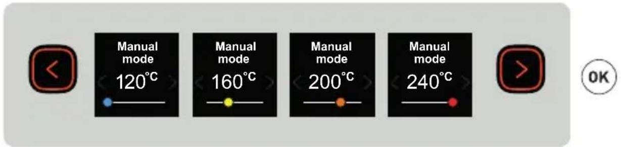 Manual mode 120°C Manual mode 160°C Manual mode 200°C Manual mode 240°C OK