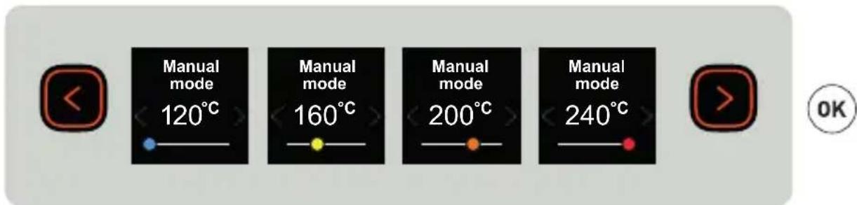 Manual mode 120°C Manual mode 160°C Manual mode 200°C Manual mode 240°C OK