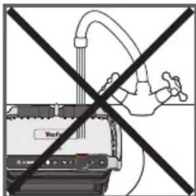Diagram showing a device with a showerhead and crossed-out lines, indicating prohibition or prohibition of water release.