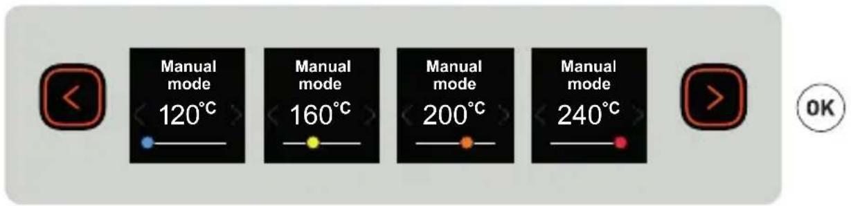 Manual mode 120°C Manual mode 160°C Manual mode 200°C Manual mode 240°C OK