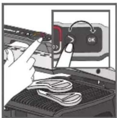 Diagram showing a hand pressing a button labeled 'OK' on a device with a close-up view of the button's adjustment.