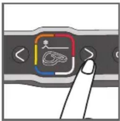 Diagram showing a finger pressing a button on a device interface with icons for navigation and control