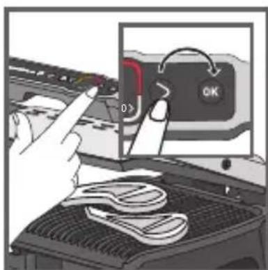 Diagram showing a hand pressing a button labeled 'OK' on a device screen, with a close-up view highlighting the action.