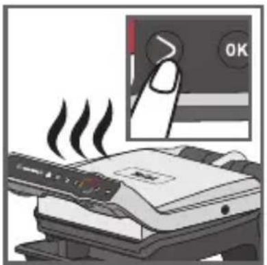 Illustration showing a printer emitting steam with a hand pressing down, next to an 'OK' button