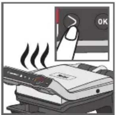 Illustration showing a printer emitting steam with a hand pressing down, next to an 'OK' button