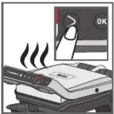 Illustration showing a printer emitting steam with a hand pressing a 'OK' button, indicating a warning or alert.