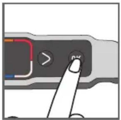 Diagram showing a finger pressing a button labeled 'OK' with an arrow pointing to it, indicating a process or action.