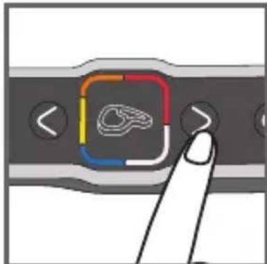 Diagram showing a finger pressing a button on a device interface with colored arrows and a logo, likely indicating navigation or state change.