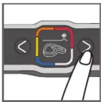 Diagram showing a finger pressing a button on a device interface with colored arrows and a logo, likely for navigation or process control.