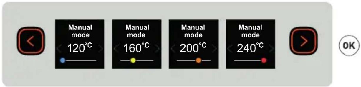 Manual mode 120°C Manual mode 160°C Manual mode 200°C Manual mode 240°C OK