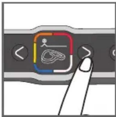 Diagram showing a finger pressing a button on a device interface with a colorful icon and navigation buttons