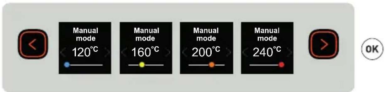 Manual mode 120°C Manual mode 160°C Manual mode 200°C Manual mode 240°C OK