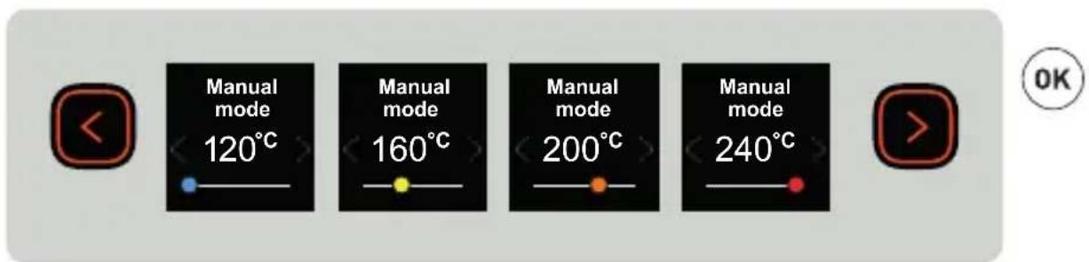 Manual mode 120°C Manual mode 160°C Manual mode 200°C Manual mode 240°C OK