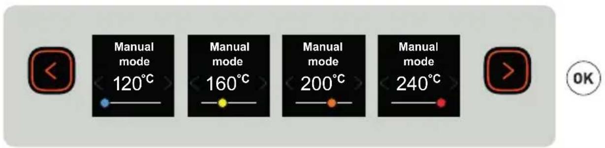 Manual mode 120°C Manual mode 160°C Manual mode 200°C Manual mode 240°C OK