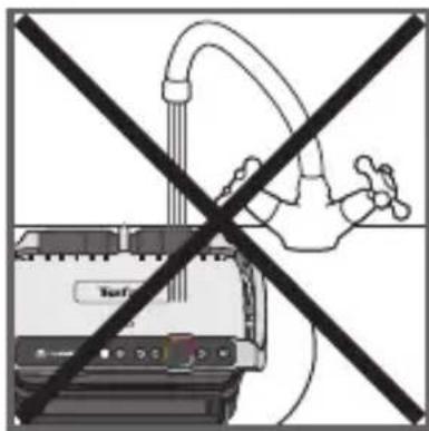 Diagram showing a printer with a showerhead and a crossed-out black prohibition symbol, indicating no protection or prohibition against the device.