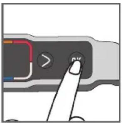 Diagram showing a finger pressing a button labeled 'OK' with an arrow pointing to it, indicating a process or action.