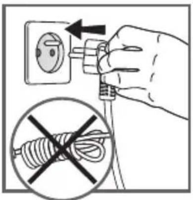 Diagram showing installation of a power outlet with a hand holding a plug, accompanied by a prohibition symbol for cable installation.