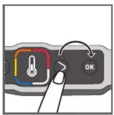 Diagram showing a finger pressing a button with a thermometer icon and an 'OK' button, indicating status or action.