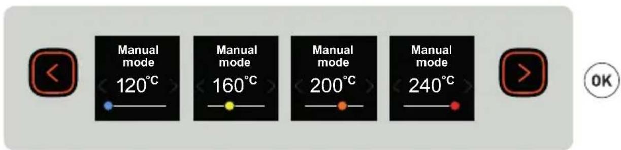 Manual mode 120°C Manual mode 160°C Manual mode 200°C Manual mode 240°C OK
