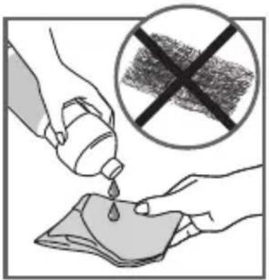 Illustration showing a hand pouring liquid from a container into a cloth, with a crossed-out prohibition symbol above.