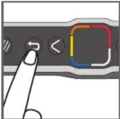 Diagram showing finger pressing a button with directional arrows and a colored square icon, likely illustrating a UI or control interface.