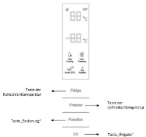 OFF 88 °C -88 °C Fast Clashing Fast Froasting Smart SSD Variation Taste der Kühlschränktemperatur Fddge Froaster Teste der Gefriertachtemperatur Teste „Bedierung“ Function OK Tasto „Eingabe“