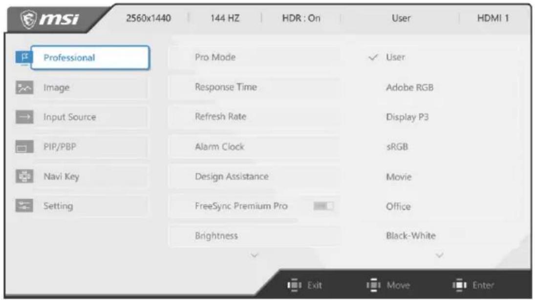 MSI Creator PS321QR - Indstilling af skæmmenzen med navigationsknappen - 1