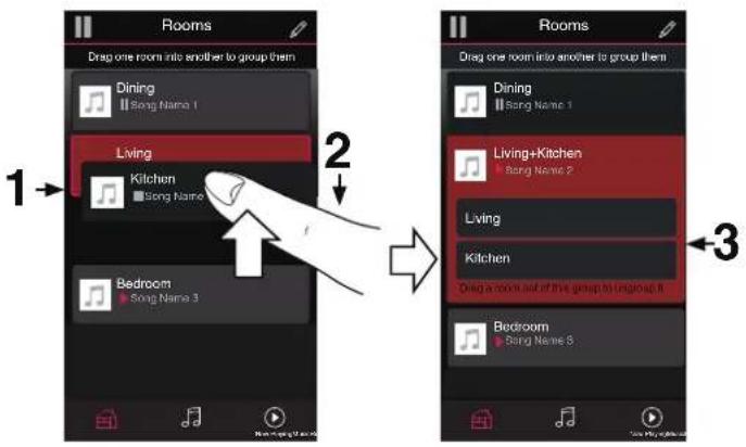 Rooms Drag one room into another to group them Dining Song Name 1 Living Kitchen Song Name Bedroom Song Name 3 1 2 Rooms Drag one room into another to group them Dining Song Name 1 Living+Kitchen Song Name 2 Living Kitchen Drag a room out of the group to group it Bedroom Song Name 3 3