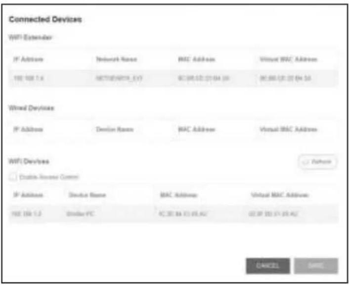 Connected Devices WiFi Extended IP Address Network Name MAC Address Virtual MAC Address 100 108.1.6 NETTEENRITN_EVY 8C 39.52.22 04:36 8C 88.52.22 04:36 Wired Devices IP Address Devlon Name MAC Address Virtual MAC Address WiFi Devices Enable Reverse Control IP Address Devlon Name MAC Address Virtual MAC Address 100 108.1.3 Digital PC 8C 39.52.22 05:46 8C 87.52.22 05:46 CANCEL SAVE
