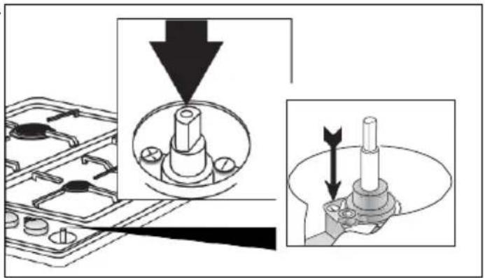 Technical diagram showing mechanical assembly steps with labeled components and directional arrows indicating motion
