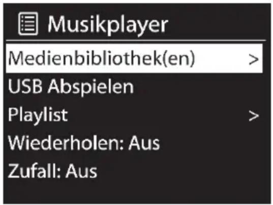 Musikplayer Medienbibliothek(en) > USB Abspielen Playlist > Wiederholen: Aus Zufall: Aus