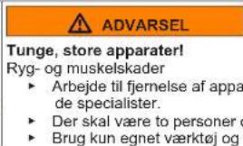 ADVARSEL Tunge, store apparater! Ryg- og muskelskader ► Arbejde til fjemelse af appa de specialister. ► Der skal være to personer o ► Brug kun egnet værktøj og