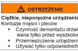 OSTRZEŻENIE Cieżkie, nieporęczne urządzenia Kontuzje mięśni i pleców ► Czynność demontażu drzwi wana tylko przez wyszkołoń ► Przemieszczenie urządzeni ► Używać tylko odpowiednich