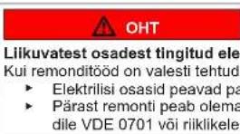 OHT Liikuvatest osadest tingitud ele Kui remonditööd on valesti tehtud ► Elektrilisi osasid peavad pa ► Pärast remonti peab olema dile VDE 0701 või riiklikele