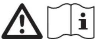 Warning symbol and information icon: triangular warning sign with exclamation mark, open book with 'i' symbol