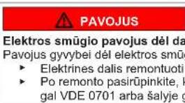 PAVOJUS Elektros smügio pavojus dėl da Pavojus gyvybei dėl elektros smüg • Elektrines dalis remontuoti • Po remonto pasirūpinkite, k gal VDE 0701 arba šalyje g