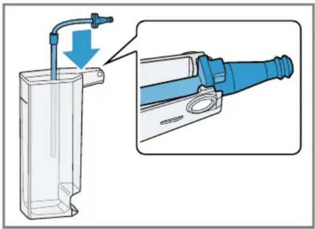 Diagram showing a mechanical assembly with a blue component being inserted into a transparent housing, accompanied by a magnified view of the component (no text or symbols present)