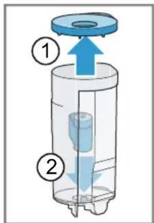 Diagram of a cylindrical device with labeled parts and directional arrows indicating flow or movement.