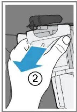 Instructional diagram showing a hand pressing a device with a blue arrow labeled '②' pointing to the button.