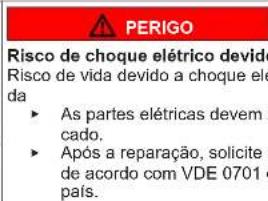 PERIGO Risco de choque elétrico devido Risco de vida devido a choque elecida As partes elétricas devem cada. Após a reparação, solicite de acordo com VDE 0701 o país.